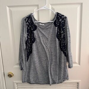 Maurices Navy and White Striped Lace-Shoulder Long Sleeve Top